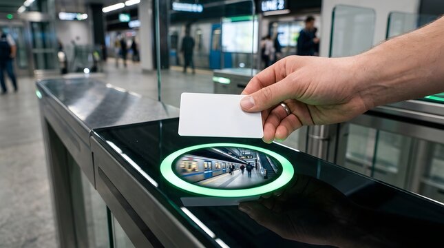 Close up view of a commuter holding a blank white smart card over a illuminated green contactless ticket gate scanner