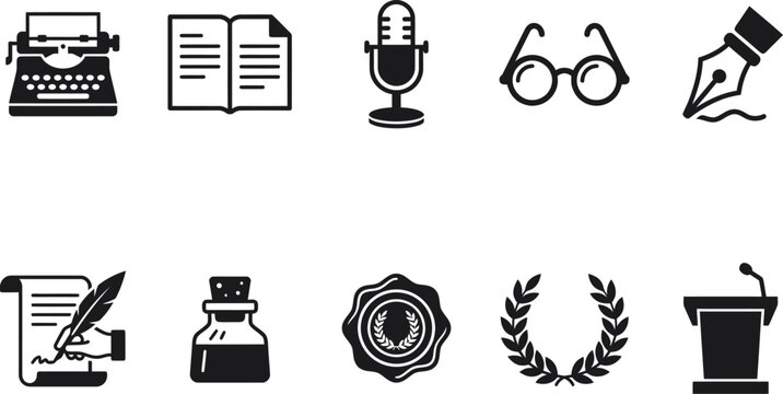 Historic declaration proclamation materials templates containing vintage mechanical typewriters open paper manuscripts antique standing microphones eyeglasses fountain pens
