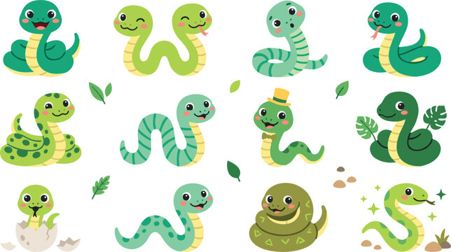 Cute green snake vector character set featuring friendly cartoon serpents including two headed snake hatching baby reptile and green tropical leaves isolated on white background