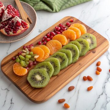 wooden breakfast board on a marble kitchen counter
