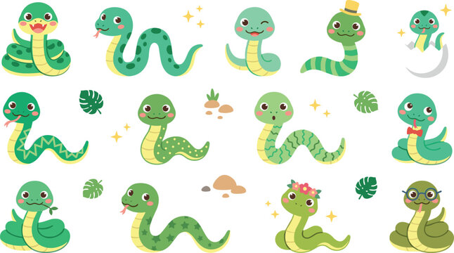 Cute cartoon snake vector character set featuring friendly green serpents with different expressions accessories tropical leaves and hatching egg isolated on white background