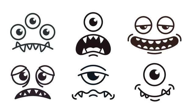 transparent monster face vector set, cute alien expressions, funny cartoon mouths, spooky halloween teeth clipart.