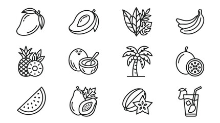 Fototapeta premium Industrial Black and White Line Drawing Set of Tropical Fruits Plants and Beverages with high quality professional line art symbols for modern creative design and digital branding projects