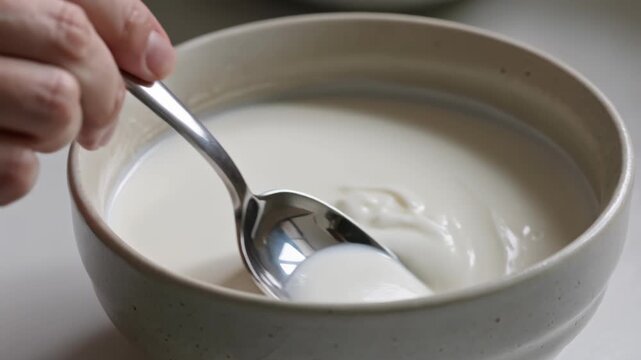 Hand Stirring Creamy White Yogurt in Ceramic Bowl with Metal Spoon, Healthy Dairy Breakfast and Nutrition Concept