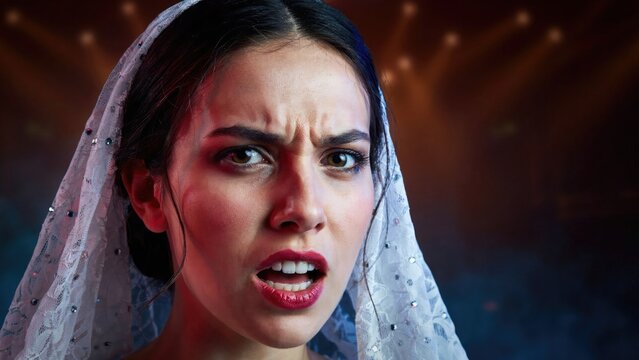 Furious bride portrait dramatic expression with wedding veil