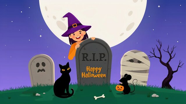 Halloween illustration with child witch black cat and tombstones
