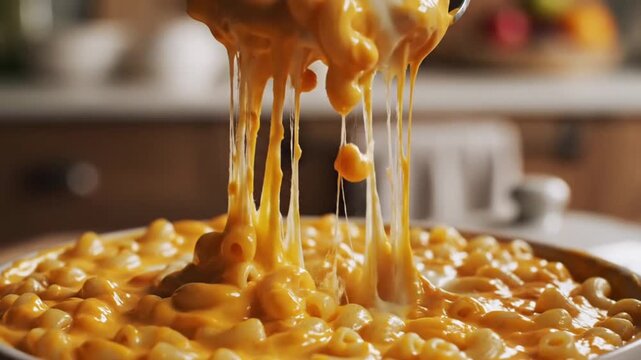 Close up of hot gooey melted cheese pulling from fresh baked macaroni dish
