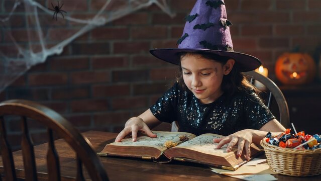Young witch reading spellbook on halloween