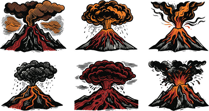 Vintage volcano eruption vector set featuring hand drawn active mountains with exploding magma, smoke clouds, and hot lava flows.