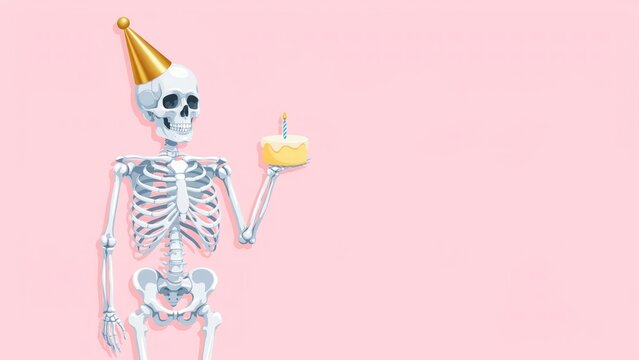 Festive skeleton with birthday cake and party hat illustration