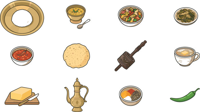 Set of Traditional Nepalese Food, Culinary Icons, and Kitchen Utensils Featuring Dal Bhat, Momo Ingredients, Butter, and Tea