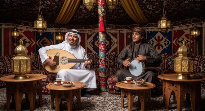 Middle Eastern Men Playing Traditional Oud and Darbuka in a Bedouin Tent