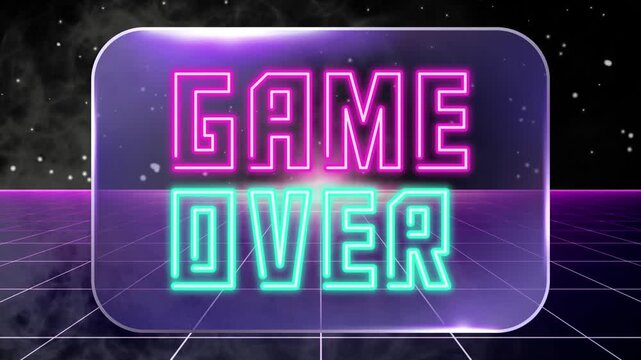 Retro 80s Synthwave Game Over Neon Sign on Glassmorphism Card Background