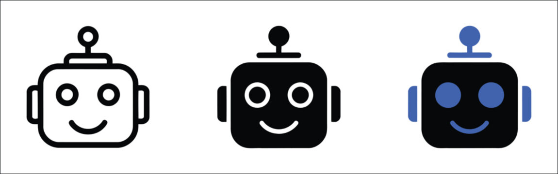 Chatbot vector icon collection featuring virtual assistant, AI bot, conversational interface, smart automation and minimalist symbols for apps, websites, customer support and user interface design.