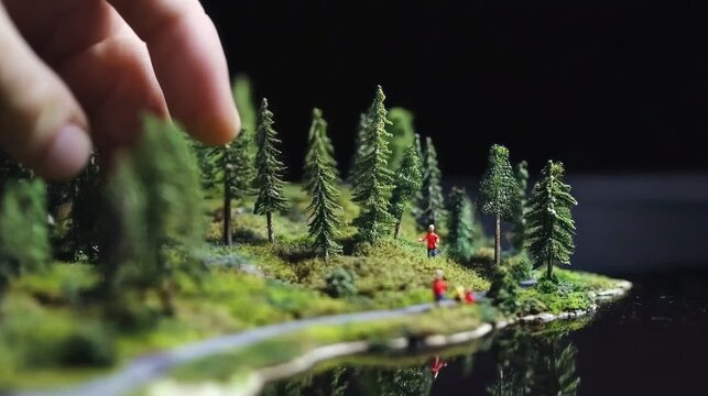 Miniature forest diorama, hand placing a small pine tree