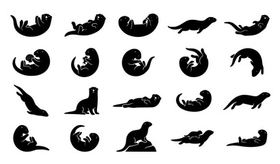 Fototapeta premium Otter Silhouette Collection Vector Set with Swimming Sitting and Playing Animal Poses