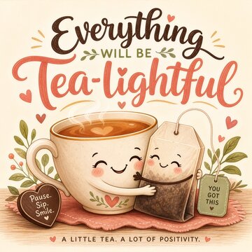 cup of tea and tea bag hug each other say everything will be tea-lightful