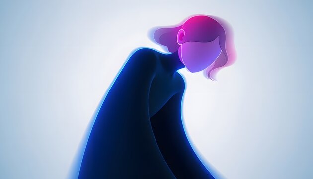 Stylized glowing character silhouette looking down. Sadness mood and digital mental breakdown defense. Minimalist figure bending with a bright neon edge glow
