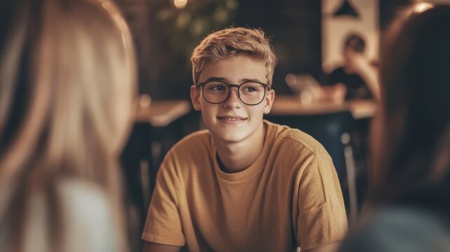 Young teen boy wearing glasses smiling during social conversation in classroom setting.