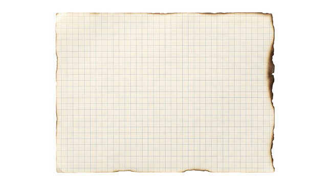Burnt grid paper sheet with scorched edges on transparent background