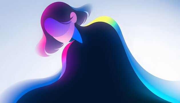 Futuristic abstract female profile with vivid gradients. Augmented reality and cyber privacy. Faceless woman silhouette bending forward with chromatic lighting.