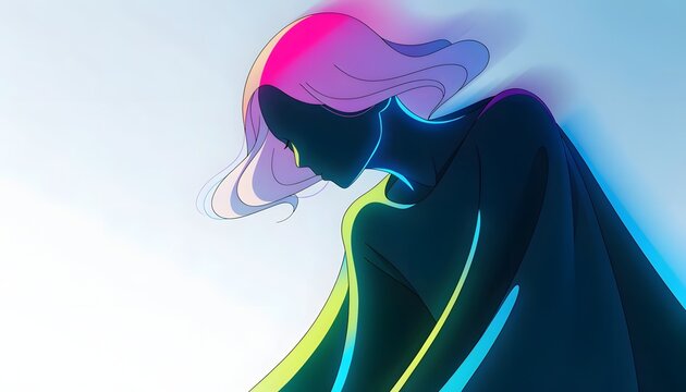Elegant female silhouette with glowing neon edges. Digital art and metadata privacy systems. Woman leaning forward in a futuristic cybernetic environment.