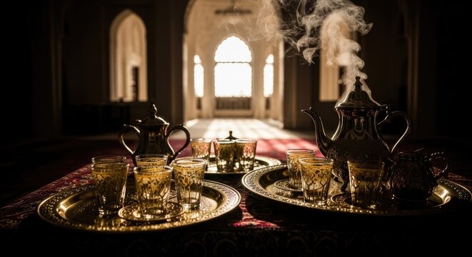 Arabic Tea Ceremony with Traditional Silver Teapots and Glasses