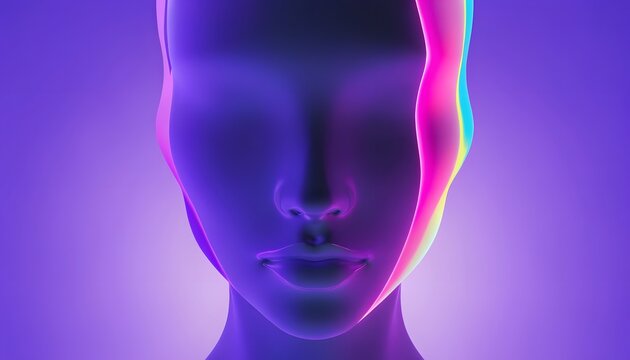 Smooth dark mannequin face with vibrant neon pink backlighting. Virtual reality entity and digital avatar. Futuristic cyber human model looking forward into space context