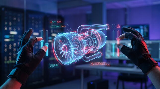 Engineer in virtual reality gloves adjusting parameters for high performance turbine engine.
