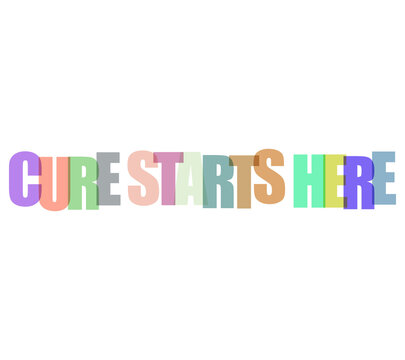 Bold colorful text reading cure starts here with overlapping vibrant letters on transparent background