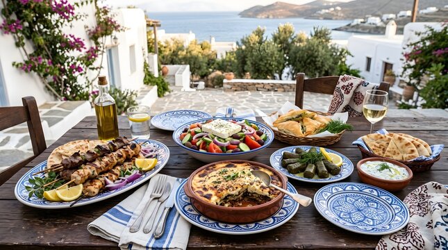 Sunlit outdoor seaside dining with a rustic table spread of traditional Greek meze including grilled skewers, moussaka, Greek salad with feta, dolmades, pita, olive oil and a glass of wine.