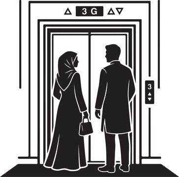 Black and white vector illustration of couple entering elevator, modern minimalist design, simple silhouette icons, business people