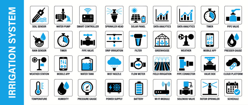 Smart irrigation system icons. Vector set of agricultural water management and farming tech.