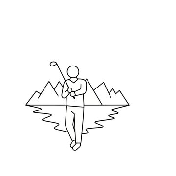Golfer with Mountains and Water Reflection