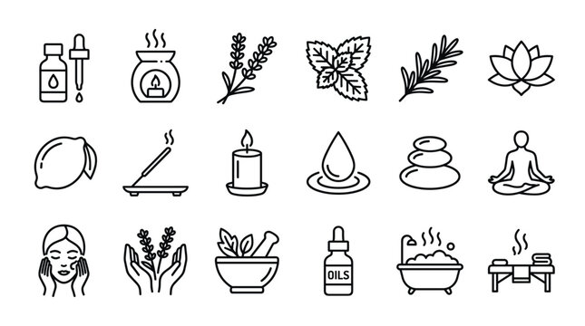 Essential oil icons for wellness and spa treatments with calming elements and natural ingredients