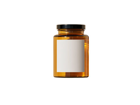 Amber glass supplement bottle with blank label mockup, isolated on transparent background