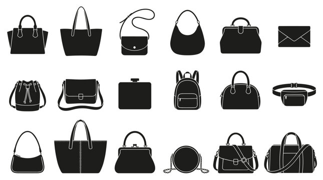 Collection of black silhouette handbags and purses on a white background