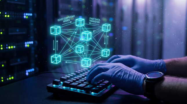 Edge computing nodes network interface on keyboard with fast data transfer hologram in server.