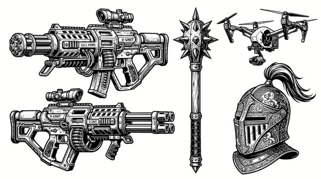 Medieval and Futuristic Weapons Vector Art &mdash; Knight Helmet, Drone, and Sci‑Fi Guns Illustration