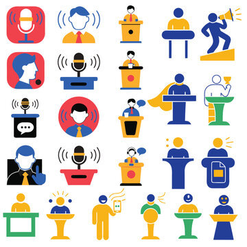 Public Speaking and Presentation Icon Set &ndash; Speaker, Microphone, Podium, Announcement, Conference, Communication Pictogram Collection