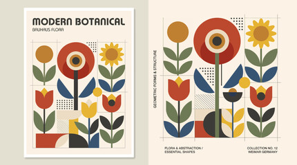 Fototapeta premium modern botanical poster in the Bauhaus style, featuring a collection of stylized flowers and plants composed of geometric shapes and bold colors, set against a clean and minimalist 
