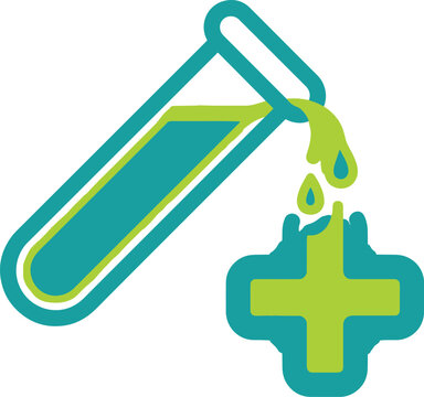 Lab glassware pouring chemical fluid onto healthcare symbol. Scientific research experiment representation for medicine industry.