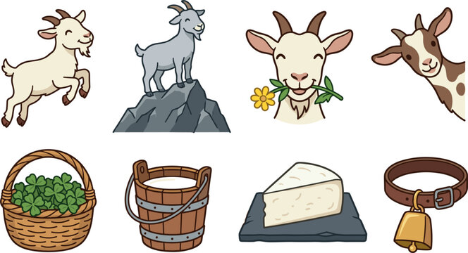 Cute cartoon farm goat and dairy vector icon set featuring billy goat character poses mountain peak milk bucket cheese block clover basket and collar bell isolated on white background