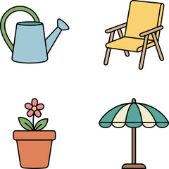 Fototapeta premium Colorful hand drawn garden and patio iconset vector collection