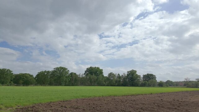Cinematic Dolly Shot Over a Green Countryside Field with Trees and a Dramatic Cloudy Sky