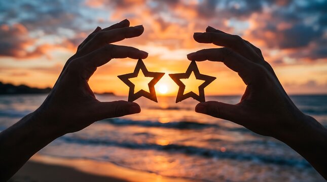 Hands framing two stars around a sunset