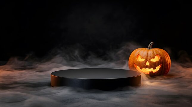 Spooky halloween display with glowing jack o lantern and smoke effect