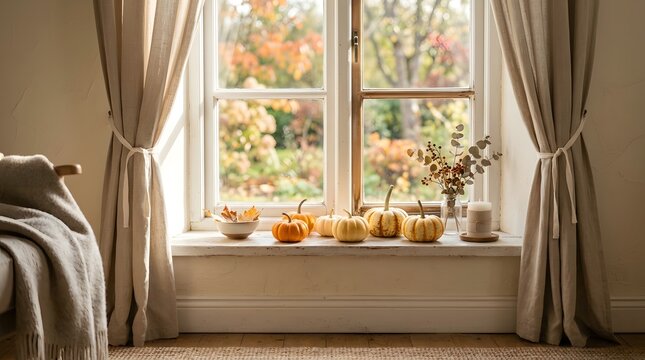 Cozy autumn window display with pumpkins leaves and candles for fall home decor inspiration