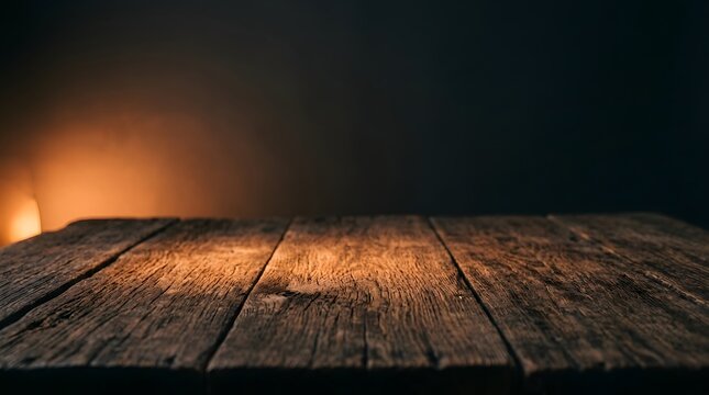 Rustic wooden tabletop with warm firelight background ideal for product displays and moody photography