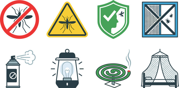 Mosquito prevention and insect control vector icon set with repellent spray bug zapper lantern coil bed net warning sign shield and window screen isolated on white background